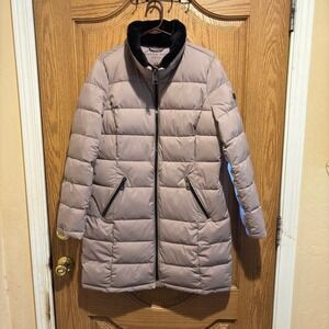 Andrew Marc Womens Stretch Puffer Coat Black Faux Fur Trimmed Collar Medium